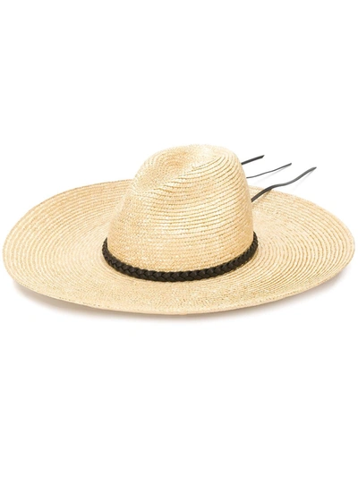 Saint Laurent Straw Leather-trimmed Hat In Brown