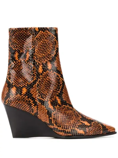 Aeyde Lena Snake-print Leather Wedge Boots In Orange