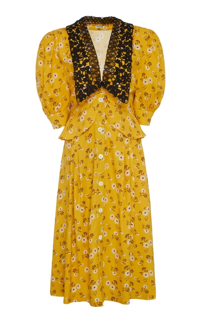 Miu Miu Daisy-print Lace-collar Dress In Yellow
