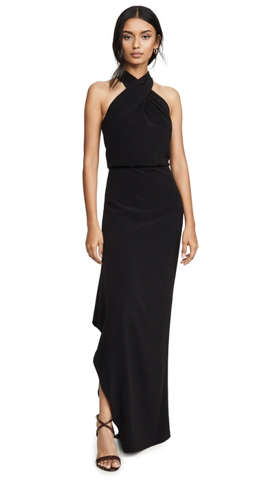 Halston Sleeveless Mock Neck Drape Front Side Slit Column Gown In Black