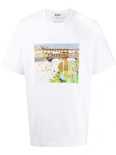 Msgm Firenze Print Cotton Jersey T-shirt In Bianco