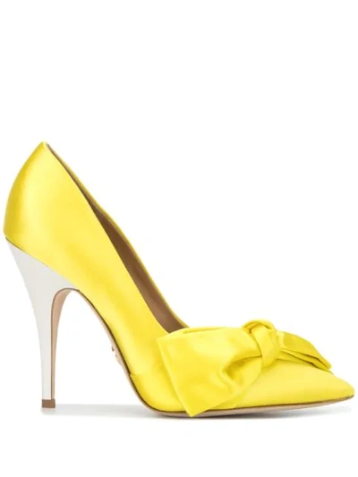 Tory Burch Leather Bow Cone-heel Pumps In Acidic Yellow