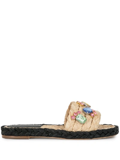 Tory Burch Multicolor Crystal Raffia Slide Sandals In Brown