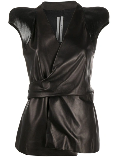 Rick Owens Contrast Structured Shoulder Leather Wrap Top In Black