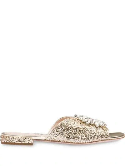 Miu Miu Glitter Mules In Gold