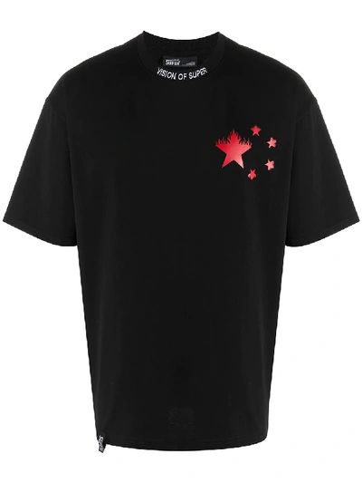 Vision Of Super Logo Embroidered Star Print T-shirt In Black
