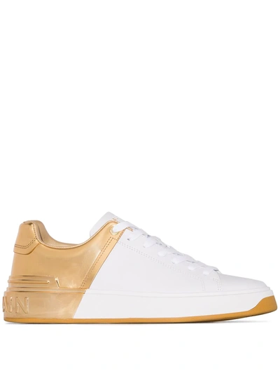 Balmain White & Gold Leather Lace Up Women's Sneakers