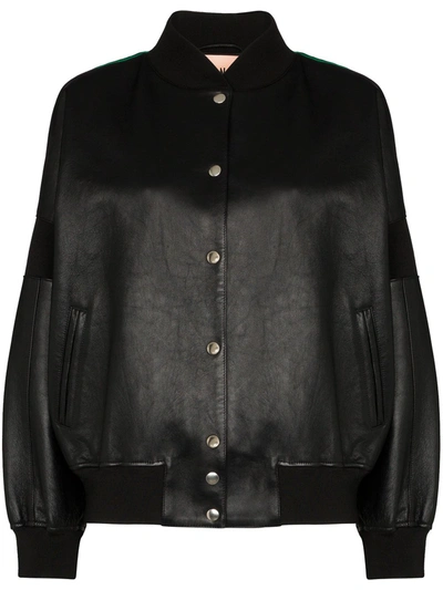 Plan C Contrast Back Leather Varsity Jacket In Black