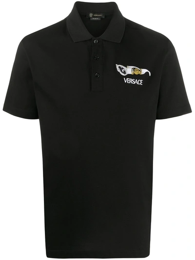 Versace Mens Black Embroidered Logo Polo Shirt