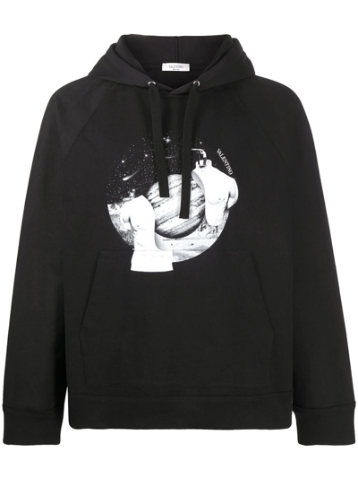 Valentino Jupiter-print Cotton-jersey Hooded Sweatshirt In Black