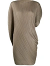Issey Miyake Curved Asymmetric Sleeve Pleated Dress In Neutrals