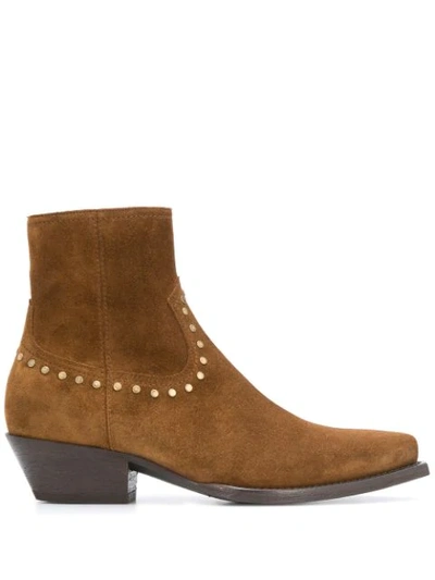 Saint Laurent Lukas Studded Ankle Boots In Brown