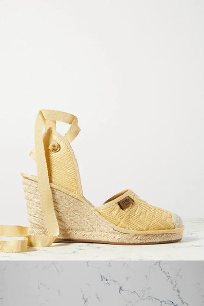 Fendi Ff Logo Ankle-wrap Espadrille Wedge Sandals In Natural