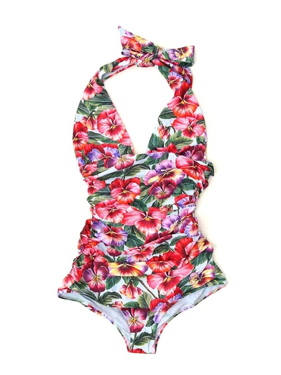 Dolce & Gabbana Full Swimsuit With Plunging Neckline And Violet Print In Multi
