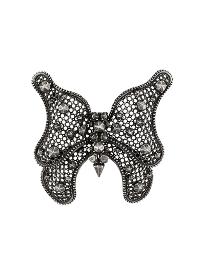 Saint Laurent Studded Perforated Butterfly Brooch In Silver