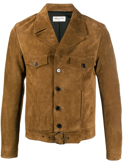 Saint Laurent Buckle-fastening Short Jacket In Brown
