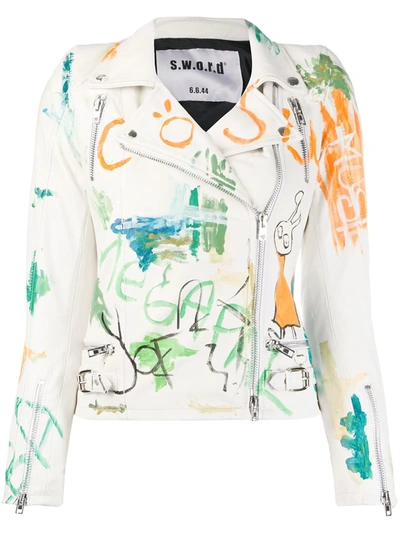 Sword 6.6.44 Paint Graffiti Effect Leather Biker Jacket In White