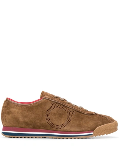 Ferragamo Perforated Gancini Low-top Trainers In Brown