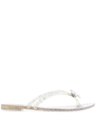 Casadei Jelly Thiong Sandals With Heart-shaped Gem Decoration In Metallic
