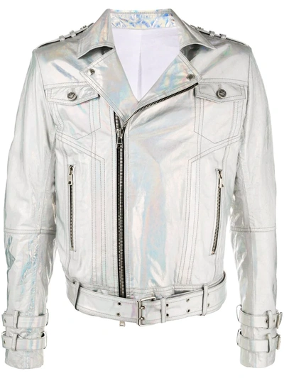 Balmain Metallic Hologram Biker Jacket In Silver