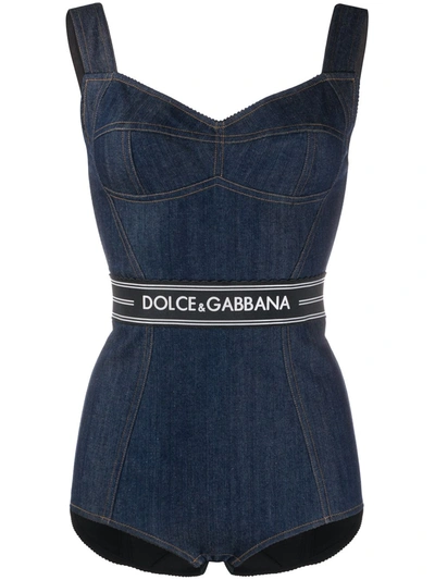 Dolce & Gabbana Logo Denim Bodysuit In Blue