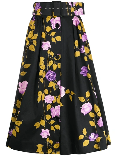 Msgm Floral-print Belted Skirt In Black
