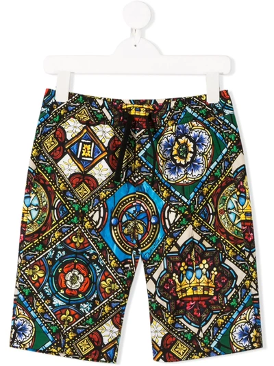 Dolce & Gabbana Kids' Stained Glass Window-print Shorts In Black