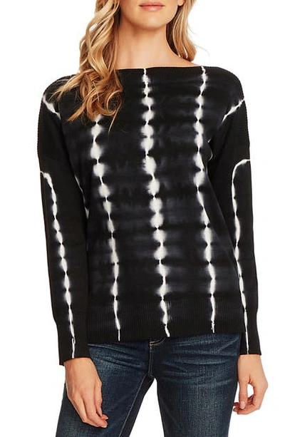 Vince Camuto Tie Dye Boatneck Long Sleeve Cotton Sweater In Rich Black