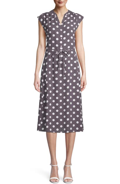 grey dress with white polka dots