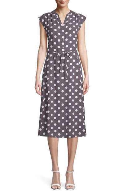 Anne Klein Polka Dot Drawstring Midi Dress In Nantucket Grey/ Anne White