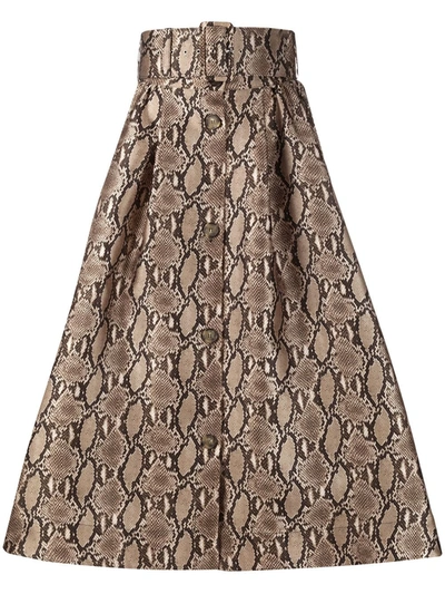 Msgm Belted Gathered Snake-print Twill Midi Skirt In Neutrals