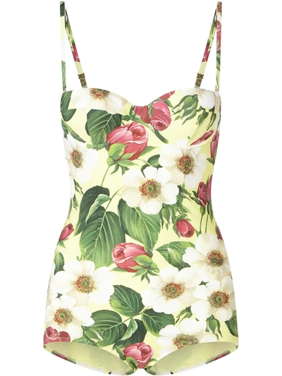 Dolce & Gabbana Swimsuit With Balcony Neckline And Small Rose Print In Green