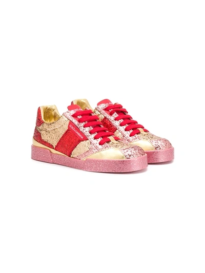 Dolce & Gabbana Kids' Portofino Light Sneakers With Multicolored Glitter In Gold