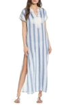 Tory Burch Awning Stripe Short-sleeve Long Caftan In Grand Awning Blue Stripe