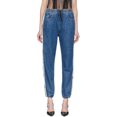 Alexander Wang 'deep Blue' Logo Tape Drawstring Jeans In Mid Denim