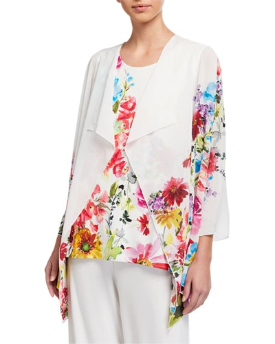 Caroline Rose Plus Size Flirty Floral Draped Georgette Jacket In Multi/white