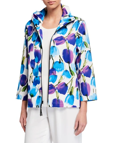 Caroline Rose Plus Size Blooming Colors Stretch Cotton Zip-front Jacket In Blue/multi
