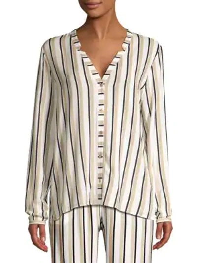 Hanro Sleep & Lounge Stripe Woven V-neck Button-down Shirt In White Stripe