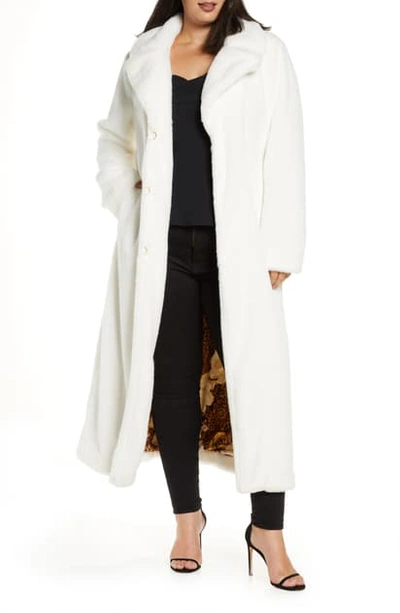 Coldesina Grosgrain Ribbon Detail Faux Fur Long Coat In Winter White