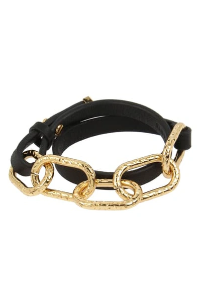 Allsaints Textured Link Leather Wrap Bracelet In Black/ Gold