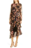 Zimmermann Wavelength Floral Long Sleeve Asymmetrical Silk Midi Dress In Black Phoenix