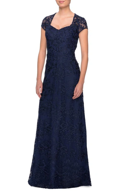 La Femme Short-sleeve Sequined Lace Gown In Navy