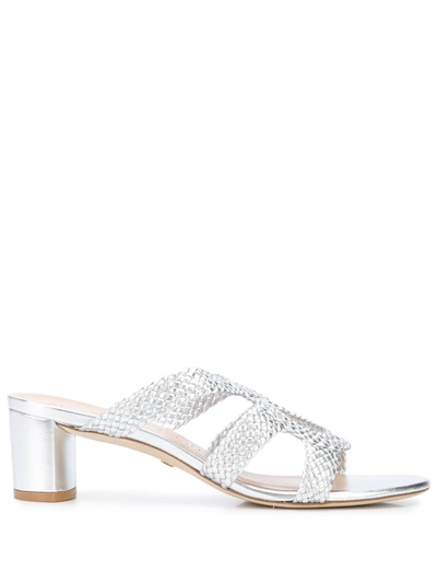 Stuart Weitzman Sarita Woven Metallic Leather Mules In Silver