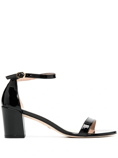 Stuart Weitzman Nearlynude Block-heel Croc-embossed Leather Sandals In Black