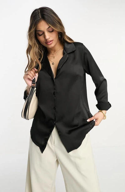 Asos Design Relaxed Satin Long Sleeve Shirt In Black