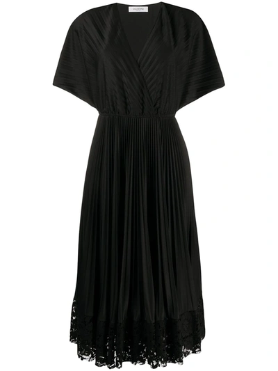 Valentino V-neck Pleated Midi Dress In Black