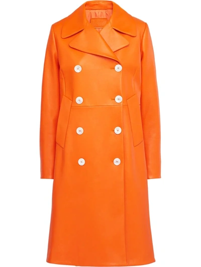 Prada Double-breasted Leather Coat In Arancio