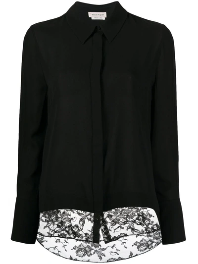 Alexander Mcqueen Black Lace-trimmed Silk-chiffon Blouse