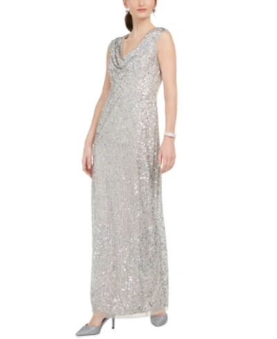 Adrianna Papell Beaded Cowl-neck Gown In Silver