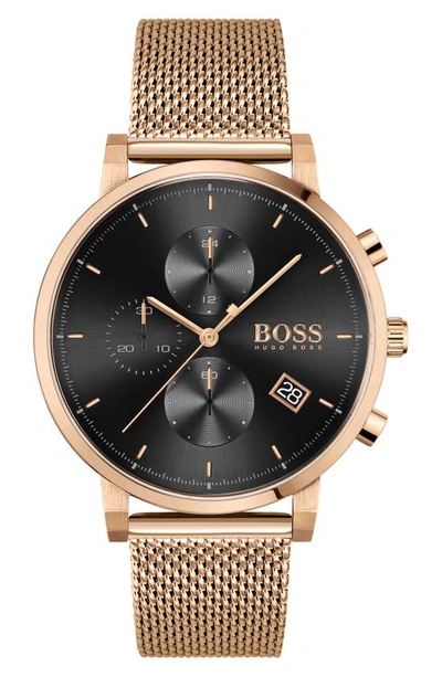 Hugo Boss Men's Chronograph Integrity Rose Gold-tone Stainless Steel Mesh Bracelet Watch 43mm In Carn Gld /blk/carn Gld